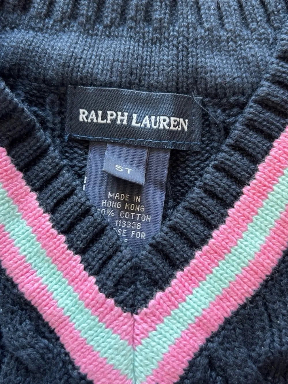 Ralph Lauren Navy Cable-Knit Vest with Pink and Mint Trim